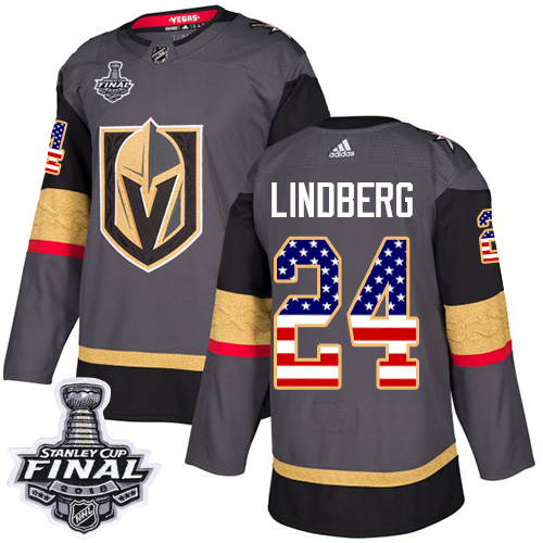 Adidas Golden Knights #24 Oscar Lindberg Grey Home Authentic USA Flag 2018 Stanley Cup Final Stitched NHL Jersey - Click Image to Close